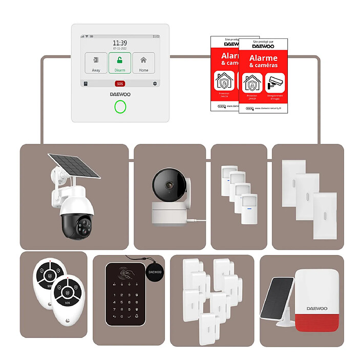 Daewoo - Alarme Maison WiFi + GSM Sans Fil Touch AM343 - Sans Abonnement - Kit Complet avec Caméras Full HD Intérieure/Extérieure autonome rotative