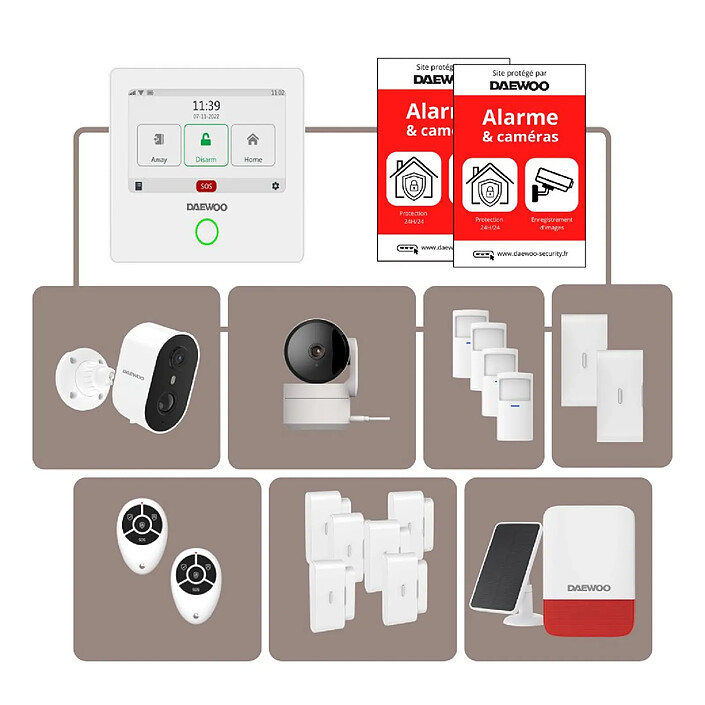 Daewoo - Alarme Maison WiFi + GSM Sans Fil Touch AM342 - Sans Abonnement - Kit Complet avec Caméras Full HD Intérieures/Extérieures autonomes