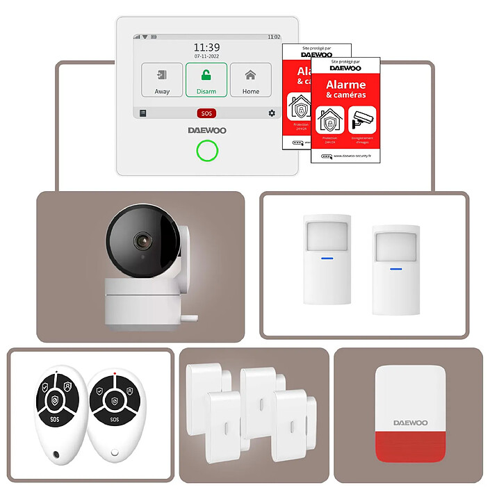 Daewoo - Alarme Maison WiFi + GSM Sans Fil Touch AM340 - Sans Abonnement - Kit Complet avec Caméra Full HD - Contrôle Smartphone