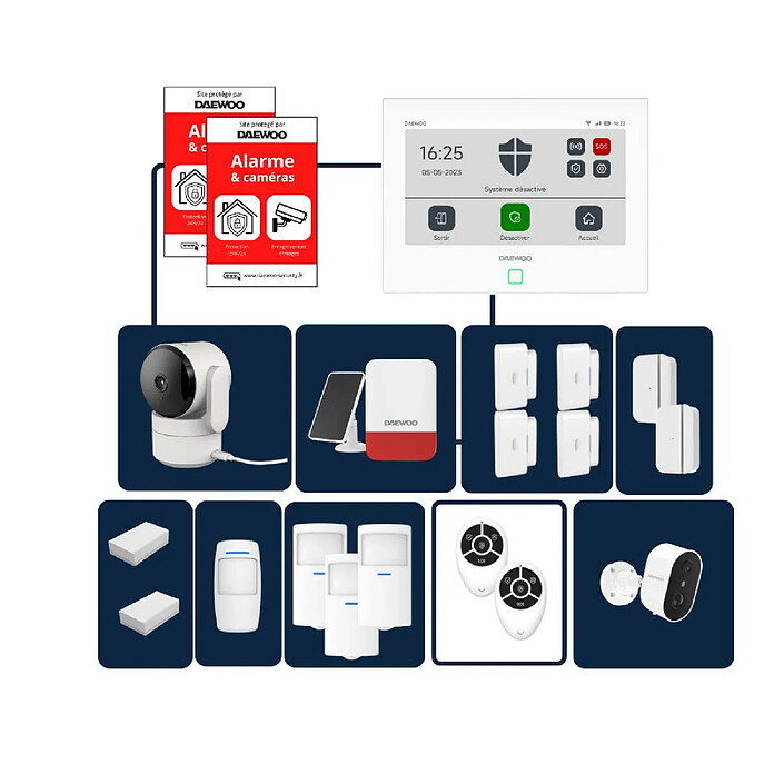 Daewoo - Alarme maison sans fil avec écran tactile 7'' AM352 - 1 caméra extérieure autonome et 1 intérieure et 15 accessoires - Sans abonnement