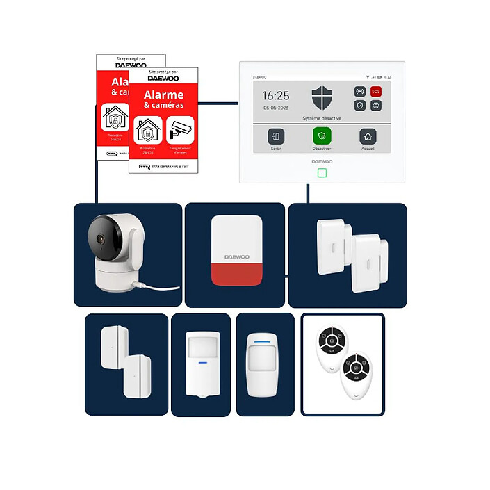 Daewoo - Alarme maison sans fil avec écran tactile 7'' AM350 livrée avec 1 caméra et 9 accessoires - Sans abonnement - Application gratuite