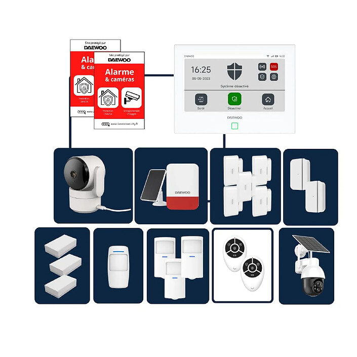 Daewoo - Alarme maison sans fil avec écran tactile 7'' AM353 - 1 caméra extérieure autonome et 1 intérieure et 17 accessoires - Sans abonnement
