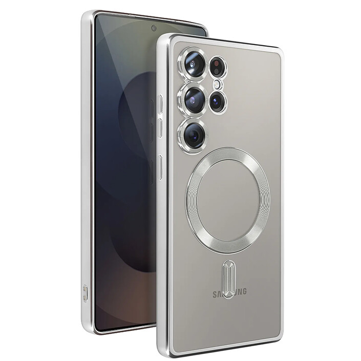 Avizar Coque MagSafe pour Samsung Galaxy S25 Ultra Silicone Contour Chromé Argent