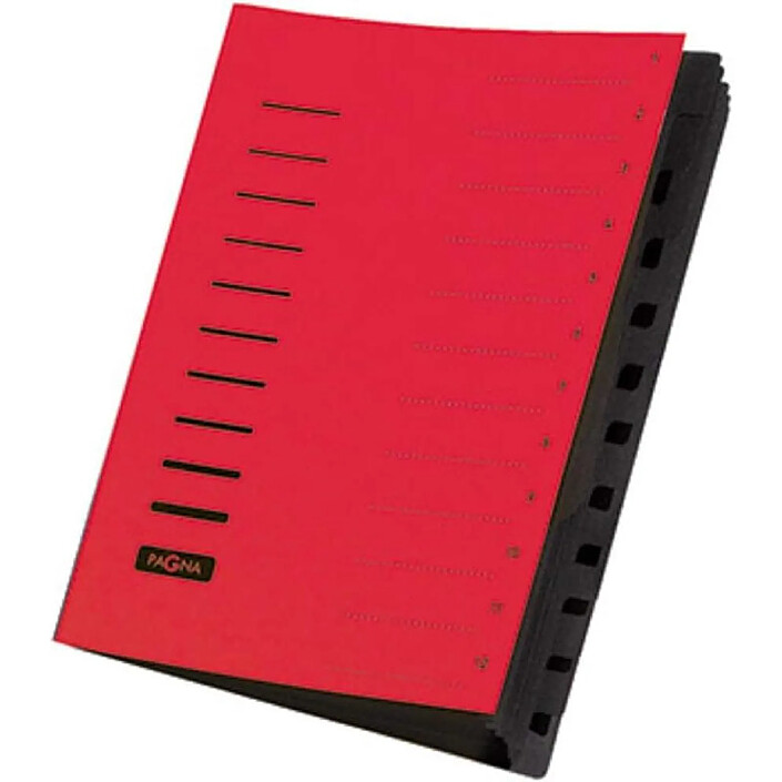 PAGNA Trieur cartonné agrafé sans soufflet+ élastique pour A4 12 compartiments Rouge