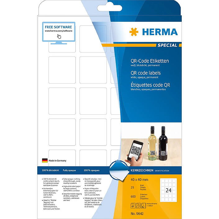 HERMA Paquet de 600 étiquettes code QR 40 x 40 mm carré Sur 25 F A4 opaques Blanc