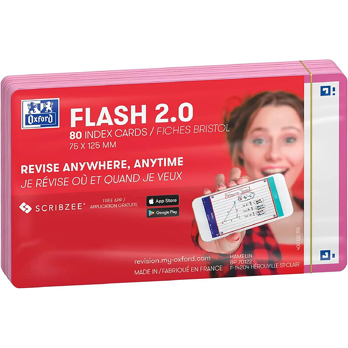 OXFORD Fiches 'Flash 2.0', 75 x 125 mm,fond blanc uni, fuschia