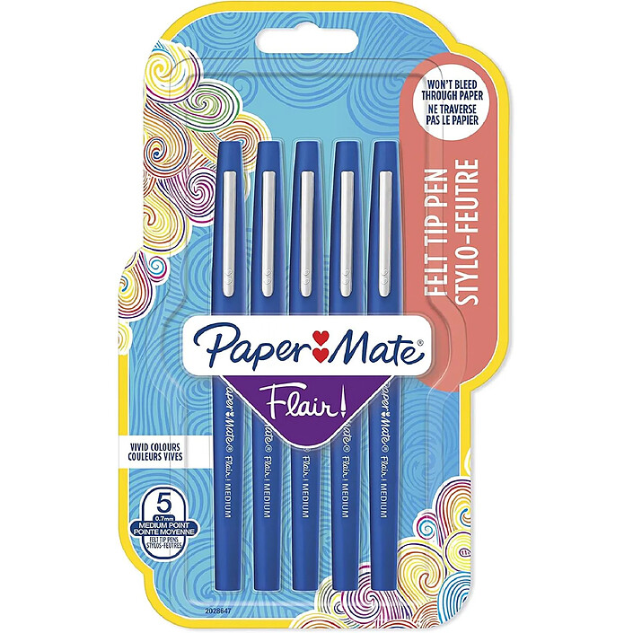 PAPER MATE Etui de 5 Stylo Feutre Flair Pointe Moyenne Bleu
