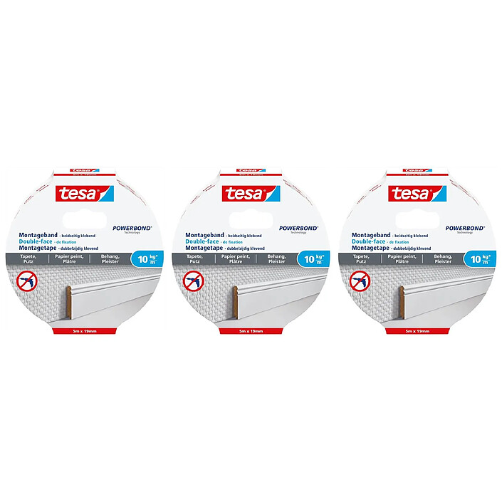 TESA Double-face de fixation 5mx19mm pour mur peint et papier peint x 3