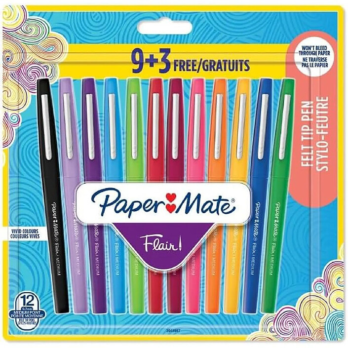 PAPER MATE Lot de 12 feutres Flair M 0,7 mm sous blister