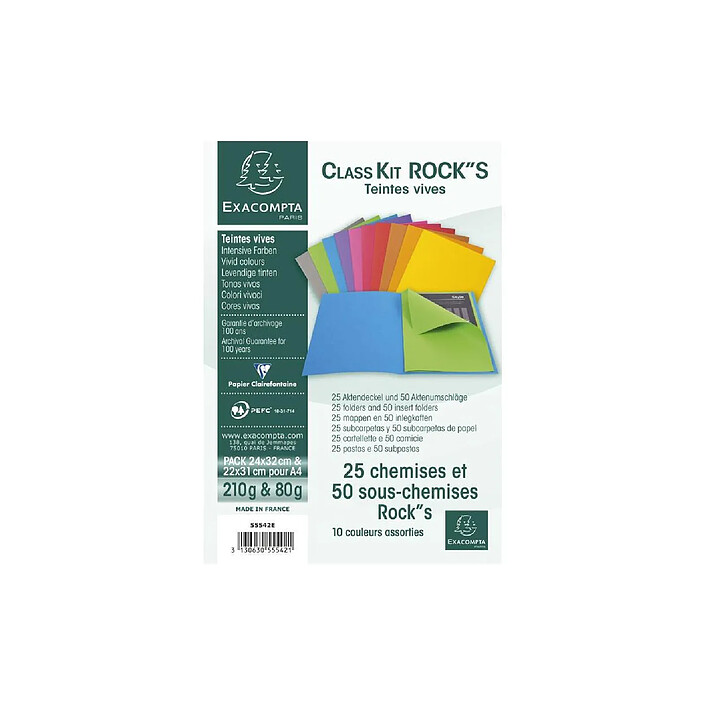 EXACOMPTA Kit de classement class'kit ROCK'S 25 chemise 210 + 50 sous-chemises 80g Assorties