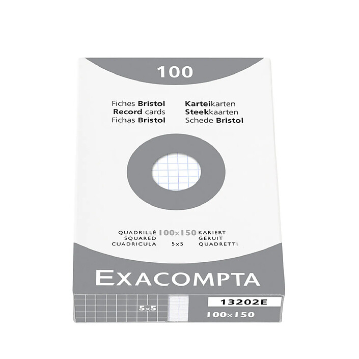EXACOMPTA Etui de 100 Fiches Bristol 210g 100x150 mm Quad 5X5 Non Perforées Blanc