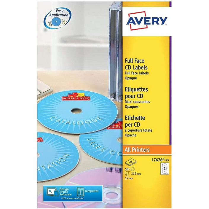 AVERY Boîte de 50 étiquettes laser monochrome pour CD et DVD L7676-25