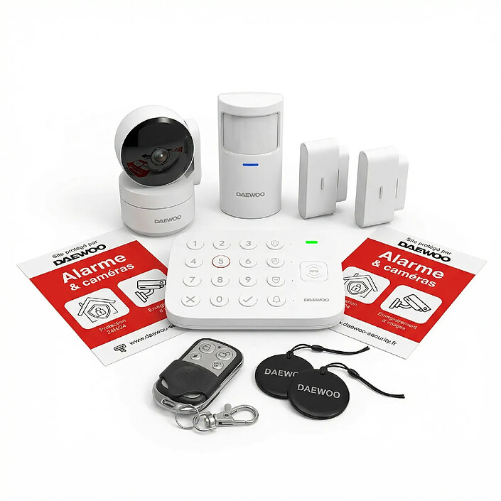 Daewoo Vigilia - Kit Alarme Maison Sans Fil Connectée Wifi - Sans Abonnement - Sirène & Clavier Intégrés + Caméra IP Full HD - Pilotage Smartphone