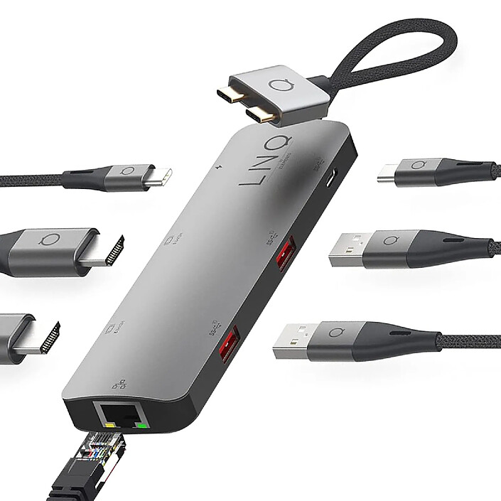 Avis LinQ Hub 2 USB-C Multiports 7-en-2 PD 100W Ethernet Modèle D2 Pro MST Gris