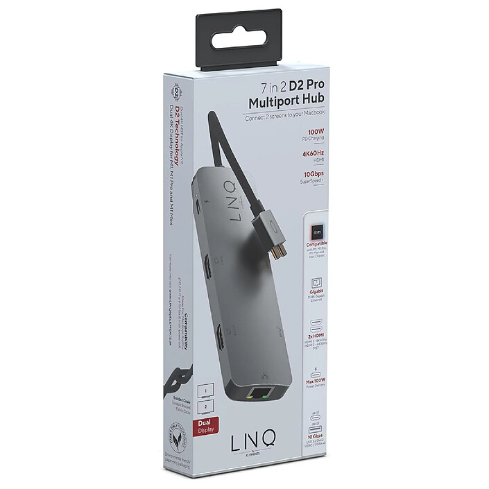 LinQ Hub 2 USB-C Multiports 7-en-2 PD 100W Ethernet Modèle D2 Pro MST Gris pas cher