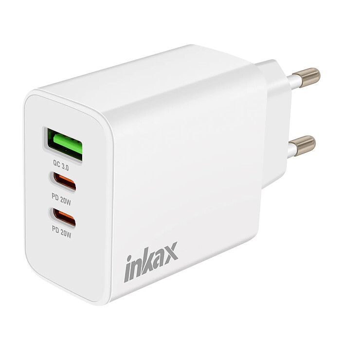 Inkax Chargeur 2x USB-C Power Delivery 20W + USB 18W Charge Rapide Compact Blanc