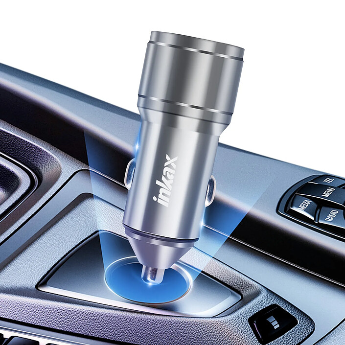 Inkax Chargeur Allume Cigare 60W 2x USB-C Charge Rapide Design Métal Argent pas cher