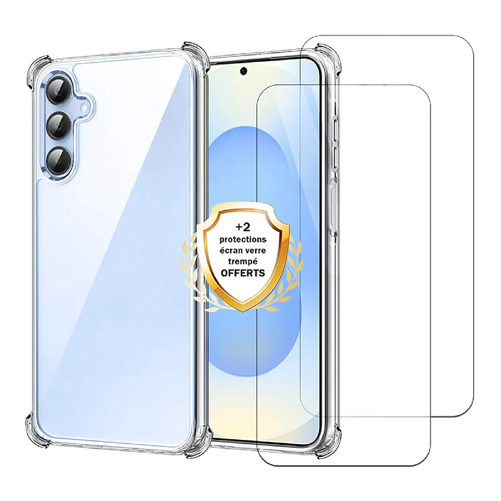 Evetane Coque Samsung Galaxy S25 Antichoc Silicone bords renforcés + 2 Vitres en verre trempé Protection écran