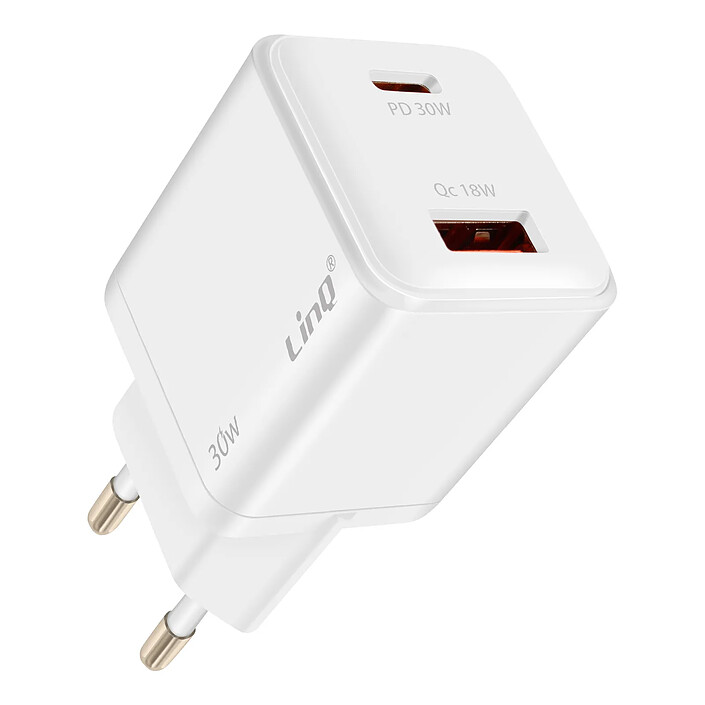 LinQ Chargeur USB-C Power Delivery 30W + USB 18W Quick Charge 3.0 Compact Blanc