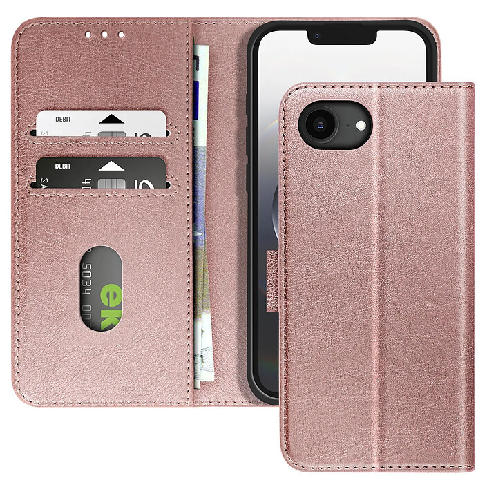 Avizar Étui pour iPhone 16e Clapet Portefeuille et Support Vidéo Rose champagne