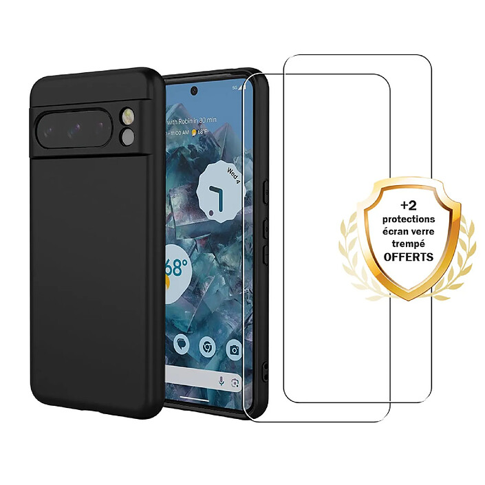 Evetane Coque Google Pixel 8 Pro Silicone liquide Noire + 2 Vitres en Verre trempé Protection écran Antichocs