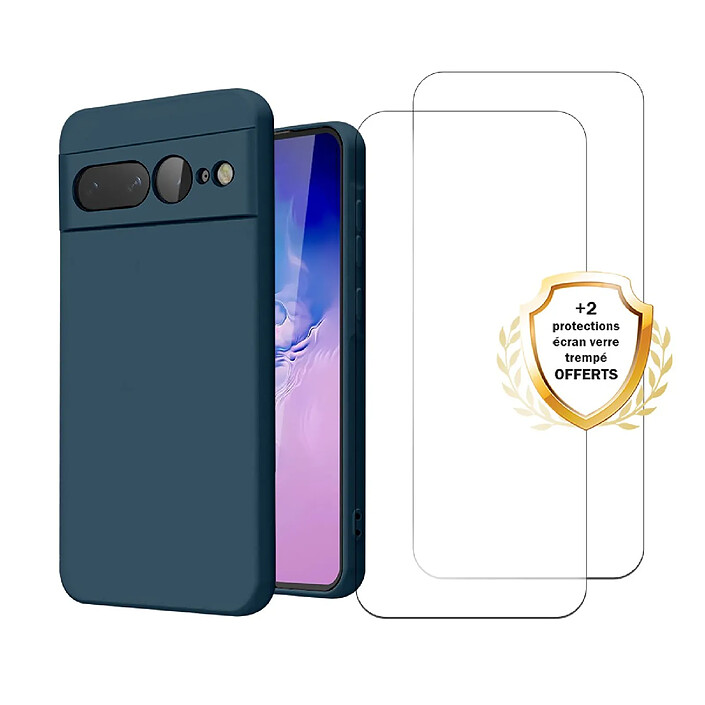 Evetane Coque Google Pixel 7 Pro Silicone liquide Bleue + 2 Vitres en Verre trempé Protection écran Antichocs