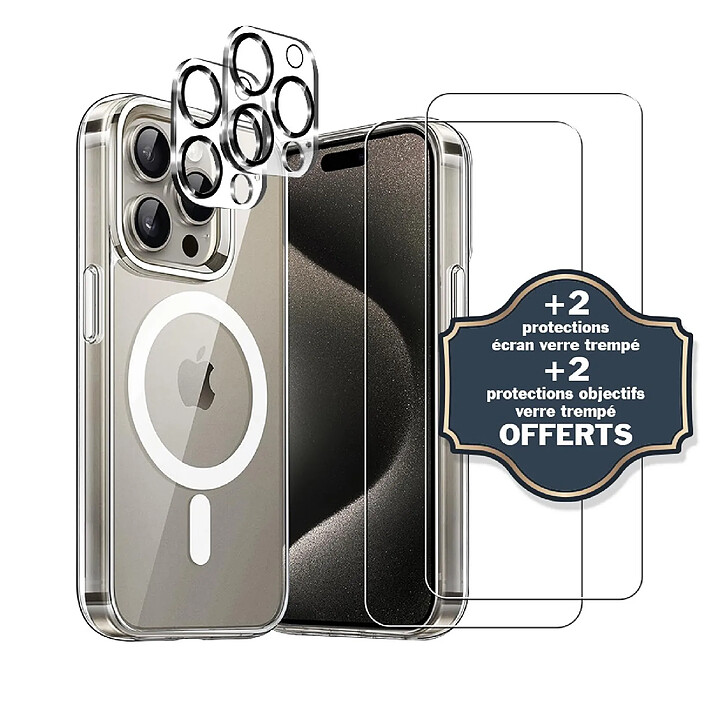 Evetane Coque iPhone 15 Pro Antichoc compatible Magsafe + 2 Protections écran et 2 protections Objectif Caméra