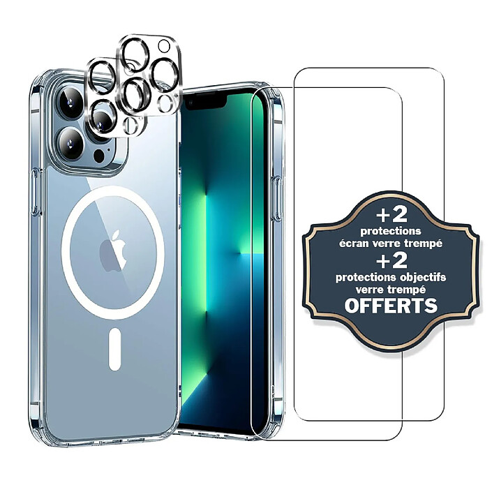 Evetane Coque iPhone 13 Pro Max Antichoc compatible Magsafe + 2 Protections écran et 2 protections Objectif Caméra