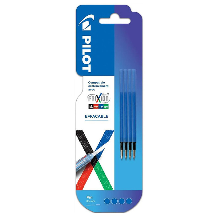 PILOT Pack 4 recharges FriXion Ball 4 couleurs - Encre gel effaçable - Pointe fine Bleu