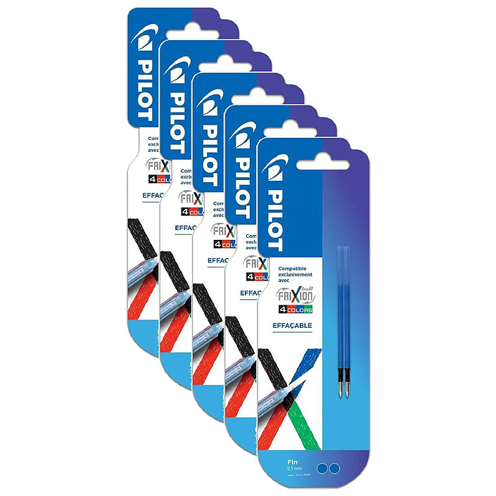 PILOT Pack 2 recharges FriXion Ball 4 couleurs - Encre gel effaçable - Pointe fine Bleu x 5