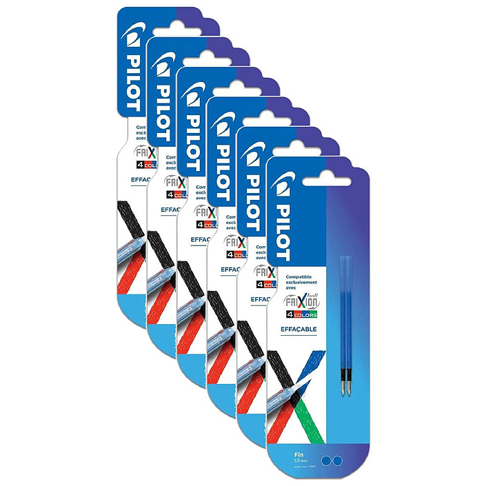 PILOT Pack 2 recharges FriXion Ball 4 couleurs - Encre gel effaçable - Pointe fine Bleu x 6