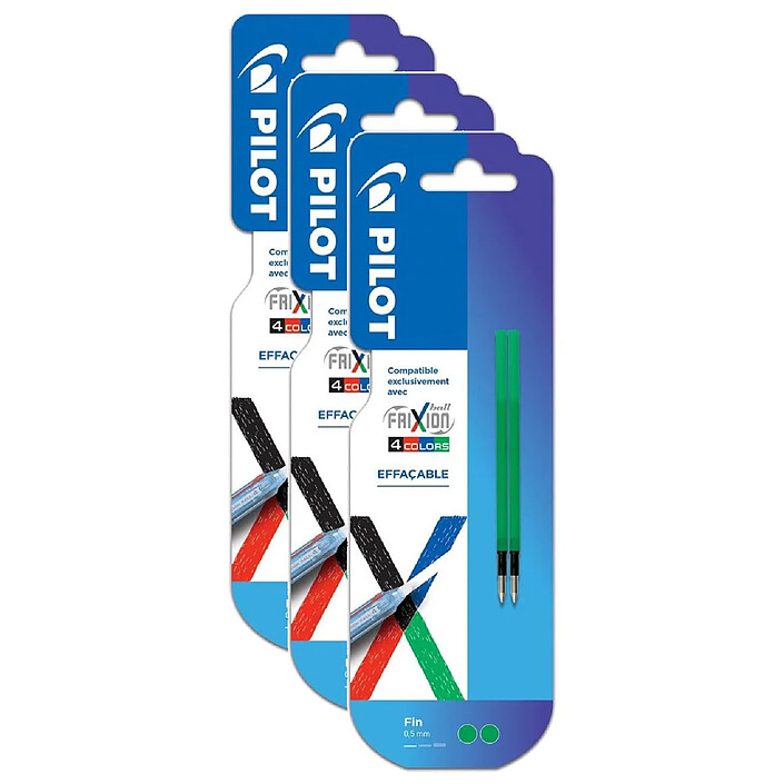 PILOT Pack 2 recharges FriXion Ball 4 couleurs - Encre gel effaçable - Pointe fine Vert x 3