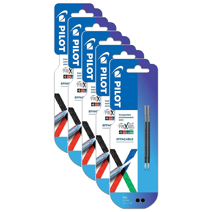 PILOT Pack 2 recharges FriXion Ball 4 couleurs - Encre gel effaçable - Pointe fine Noir x 5