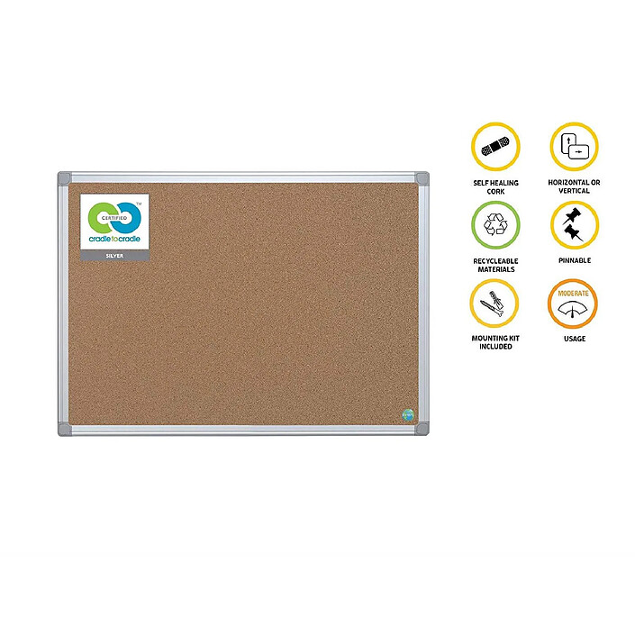 BI-OFFICE Tableau liège recyclable cadre alumiium 60 x 90 cm