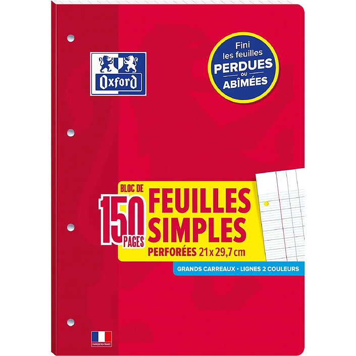 OXFORD Bloc de Feuilles Simples détachable perforés A4 Grand carreaux 90g 150 pages