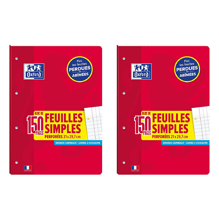 OXFORD Bloc de Feuilles Simples détachable perforés A4 Grand carreaux 90g 150 pages x 2
