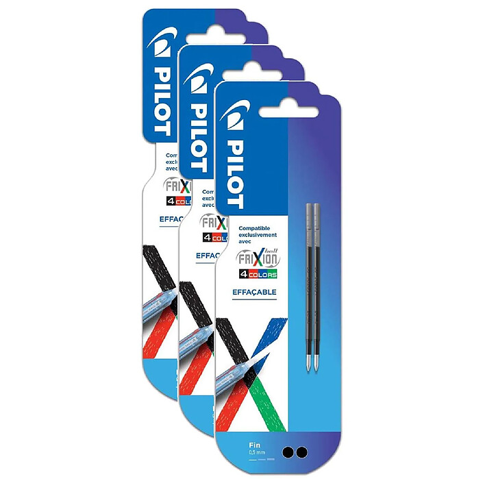 PILOT Pack 2 recharges FriXion Ball 4 couleurs - Encre gel effaçable - Pointe fine Noir x 3