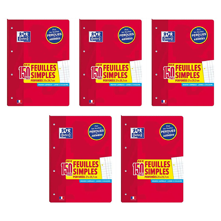 OXFORD Bloc de Feuilles Simples détachable perforés A4 Grand carreaux 90g 150 pages x 5