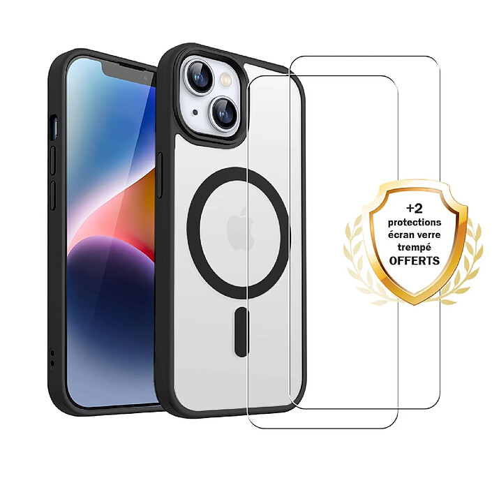 Evetane Coque iPhone 14 transparente Motif Compatible Magsafe Contour Noir + 2 Vitres Protection ecran
