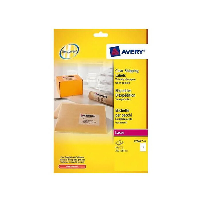 AVERY Boite de 25 etiquettes laser invisibles 210x297 mm L7567-25