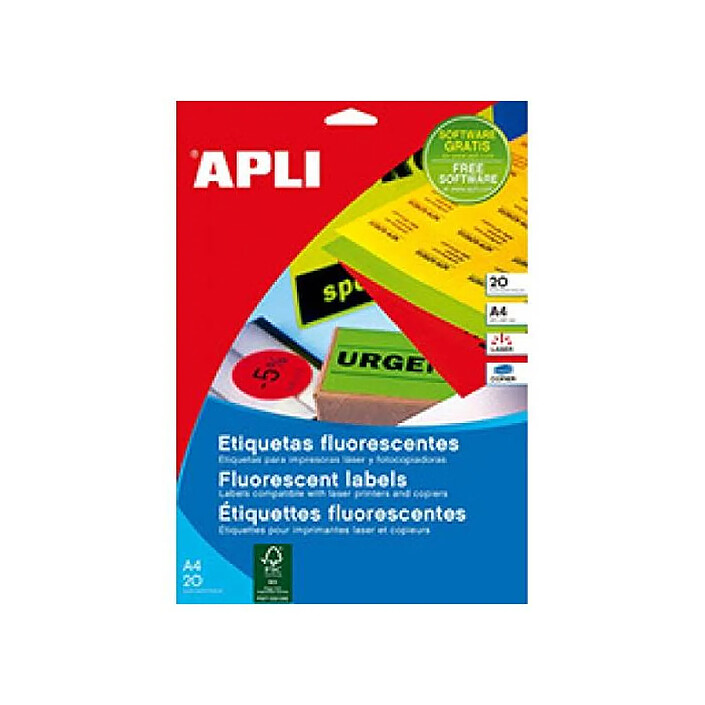 APLI Etui 20 étiquette A4 210x297 mm (1 x 20F A4) Las / Cop Coin Droit FLUO Jaune