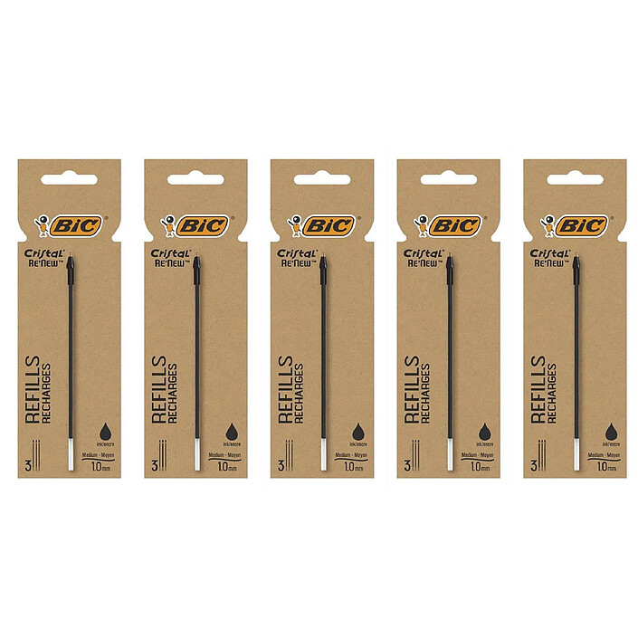 BIC Etui de 3 Recharges pour Stylo Bille Cristal Re’New Pointe Moyenne Noire x 5