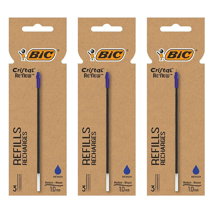 BIC Etui de 3 Recharges pour Stylo Bille Cristal Re’New Pointe Moyenne bleue x 3