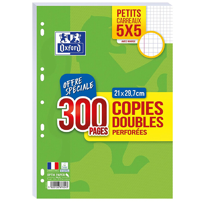 OXFORD Copies Doubles perforées 300 pages A4 90g Quadrillé 5 x 5 avec Marge
