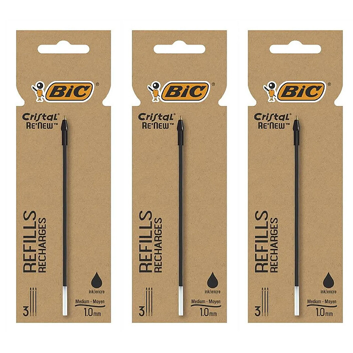 BIC Etui de 3 Recharges pour Stylo Bille Cristal Re’New Pointe Moyenne Noire x 3