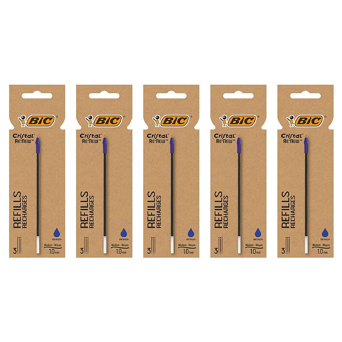 BIC Etui de 3 Recharges pour Stylo Bille Cristal Re’New Pointe Moyenne bleue x 5