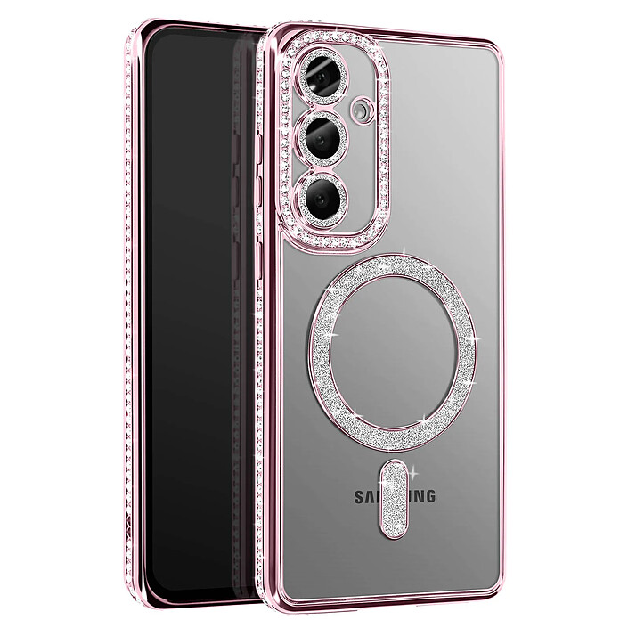 Avizar Coque Diamant pour Samsung Galaxy S25 MagSafe Contour Strass Rose