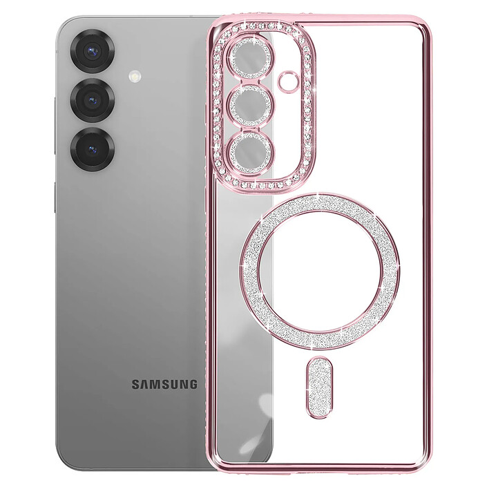 Avizar Coque Diamant pour Samsung Galaxy S25 MagSafe Contour Strass Rose pas cher