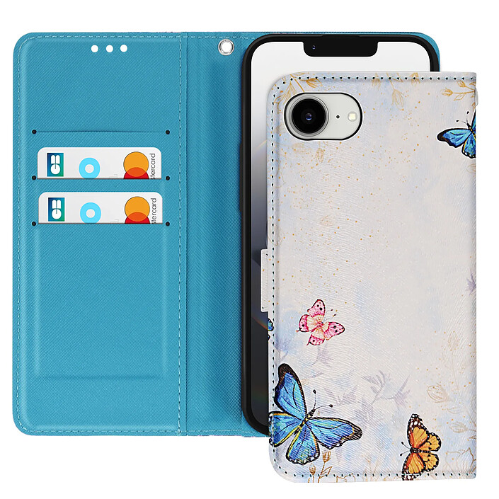 Avizar Étui pour iPhone 16e Motif Papillons avec Dragonne et Porte-Carte