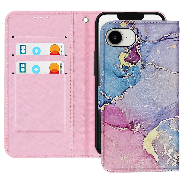Avizar Étui pour iPhone 16e Motif Marbre Multicolore Dragonne et Porte-Carte Multicolore
